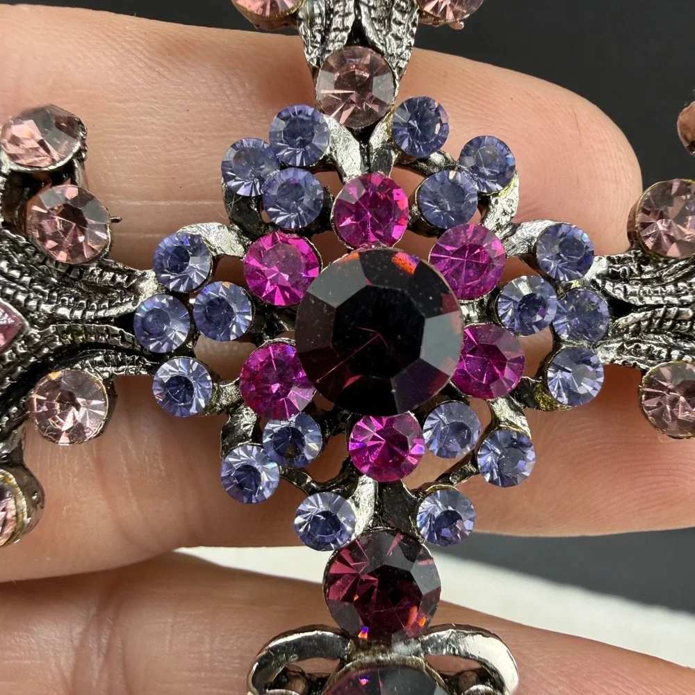 Rhinestone Cross Brooch Silver Tone Purple Pink Pendant Bale